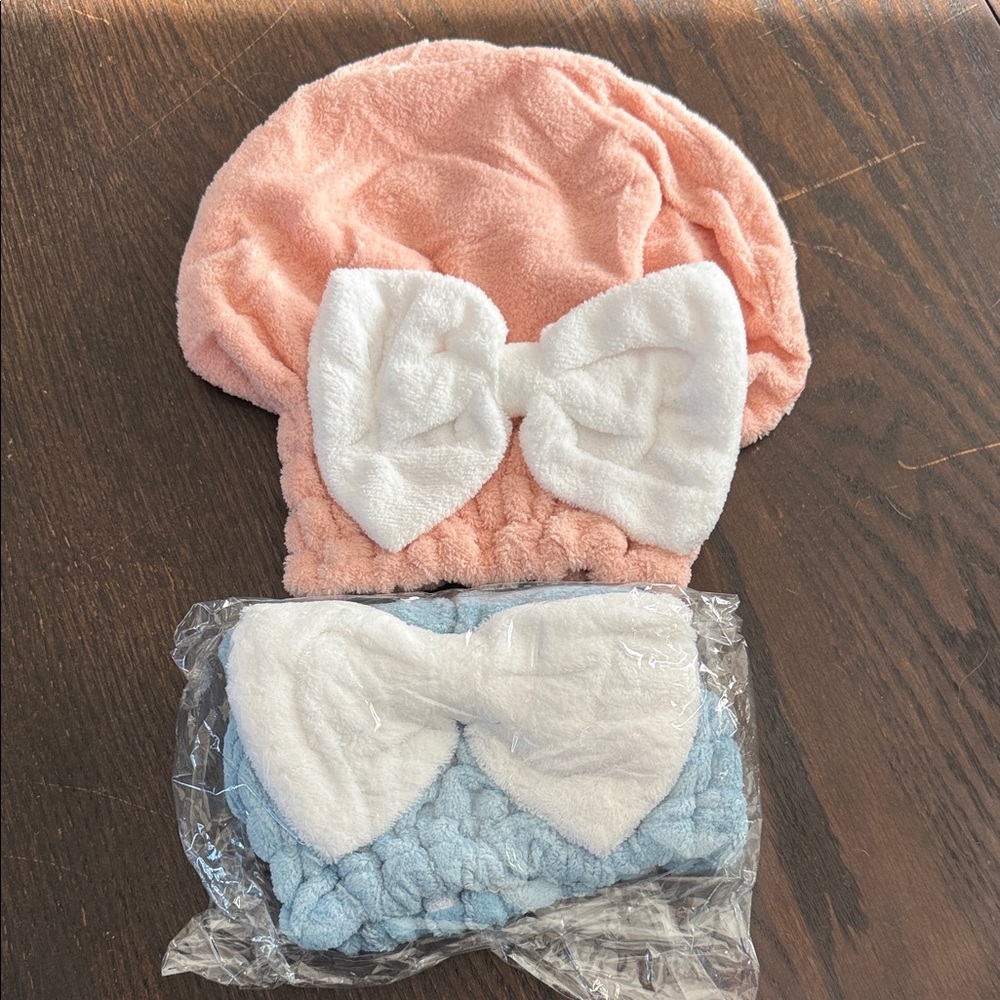 Kids Soft Bow Beanie/Towel Turbie Set - Pink and Blue